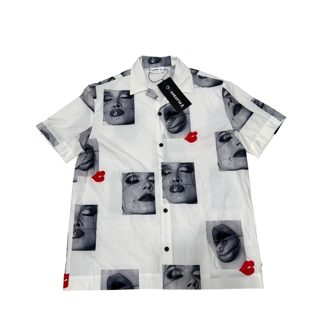 Playboy Culture Kings Smooch Party Shirt Mens Medium White Graphic Button Up New